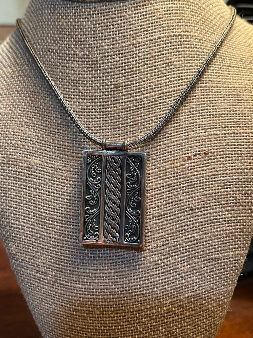 Suarti BA Sterling Silver Rectangular Pendant Byzantine Chain Necklace